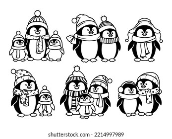 Set of cute family penguins. Collection of Christmas penguin in a hat and scarf. Antarctic animals. Picture for the New Year postcard. Vector illustration on a white background.