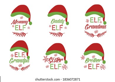 Set of cute family prints with elf hat and text decorated with snowflakes in red and green colours isolated on white background.