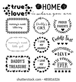 Set of cute family themed stamps and stickers. Badges for mother and father days. Vintage labels.