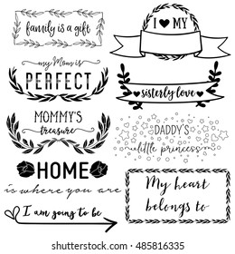 Set of cute family themed stamps and stickers. Badges for mother and father days. Vintage labels.