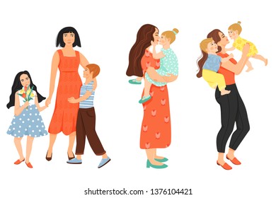 Set of cute familys. Happy mother’s day illustration. Mother with their children. Design for banner, posters, cards etc. Vector illustration on white background.