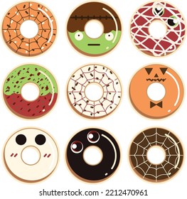 Un conjunto de adorables y elegantes donuts de Halloween. engañar o tratar a donut. Ilustración vectorial dibujada a mano.