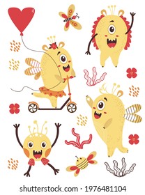Set of cute fantastic monsters. Yellow creatures - a monster girl rides a scooter with a balloon, a boy waving his paw. Vector illustration. For childrens cards, design, decor and printing