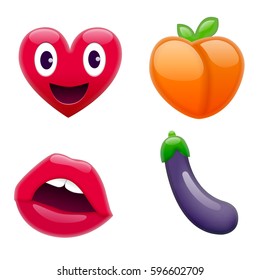 Set Of Cute Fantastic Smiley Emoticons, Chic Emoji Design Set. Bright Icons Of Love. Heart, Peach, Lips, And Eggplant. Stickers And Patches