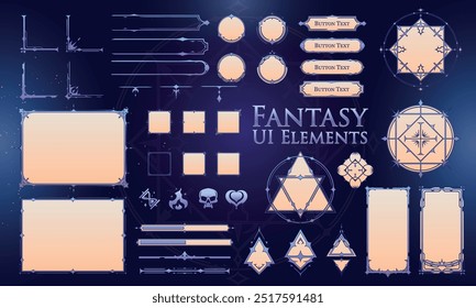 Conjunto de elementos de fantasia bonito para interface de usuário, pôster, vídeo. Fantasia mágica HUD. Modelo para a interface do jogo rpg. Ilustração de vetor EPS10