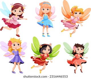 Set of cute fantasy fairies cartoon character illustration