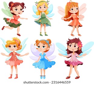 Set of cute fantasy fairies cartoon character illustration