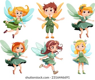 Set of cute fantasy fairies cartoon character illustration