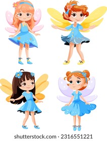 Set of cute fantasy fairies cartoon character illustration