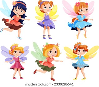 Set of cute fantasy fairies cartoon character illustration