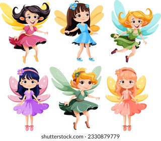 Set of cute fantasy fairies cartoon character illustration