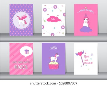 Set of cute fantasy poster,template,cards, unicorn,animals, Vector illustrations 