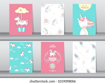 Set of cute fantasy poster,template,cards,unicorn,animals,Vector illustrations 