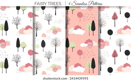 Set of cute fantasy seamless patterns. Spring trees vector pattern. Childish comic backgrounds.