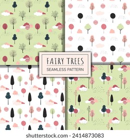 Set of cute fantasy seamless patterns. Spring trees vector pattern. Childish comic backgrounds. 