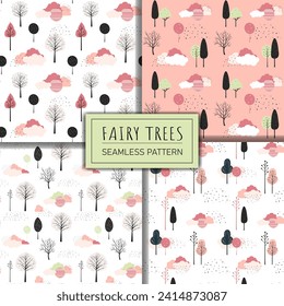 Set of cute fantasy seamless patterns. Spring trees vector pattern. Childish comic backgrounds. 