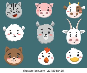 set of cute farm animal faces in vector, children's characters for design