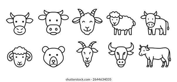 A set of cute farm animal icons. Line art style.