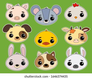 Set of cute farm animals with big eyes. Vector illustration. Stickers, postcards, holidays, children's books, banner, printing.