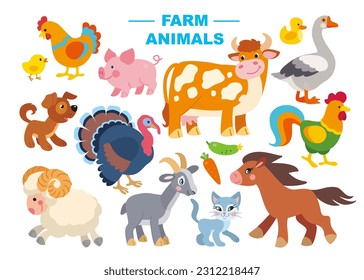 Conjunto de lindos animales de granja e ilustración vectorial de aves. Caricatura de personajes animalistas de estilo plano: pollo, gallo, pavo, vaca, cabra, caballo, ganso, pato, perro, gato, cerdo, seep, carnero.