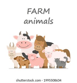 Set of cute farm animals in cartoon style: sheep, goat, cow, horse, pig, cat, dog on a white background. Vector illustration in a flat style.