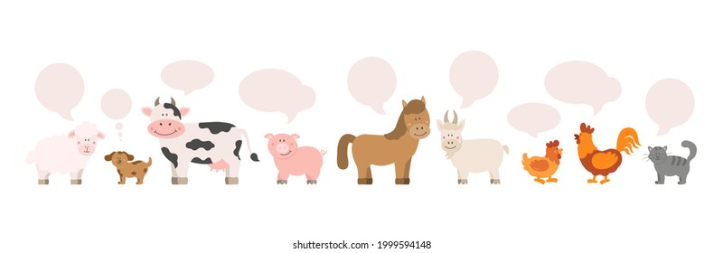 Set of cute farm animals in cartoon style with speech bubbles: sheep, goat, cow, horse, pig, cat, dog, duck, goose, chicken, rooster, chick on a white background. Vector illustration in a flat style.
