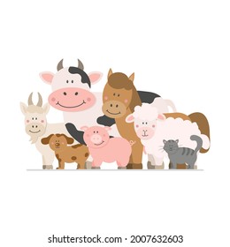 Set of cute farm animals in cartoon style: sheep, goat, cow, horse, pig, cat, dog on a white background. Vector illustration in a flat style.