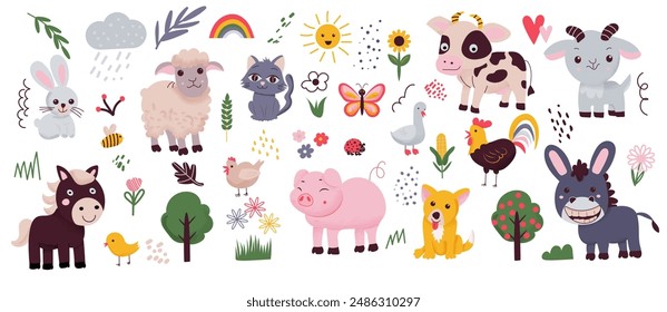 Set of cute farm animals in cartoon style. Kids design for fabric, wrapping, textile, wallpaper.