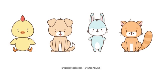 Set of cute farm animals chicken dog bunny cat. Cute animals in kawaii style. Drawings for children. vector illustration