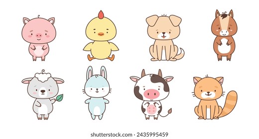 Set of cute farm animals chicken dog bunny cat sheep piggy horse cow. Cute animals in kawaii style. Drawings for children. vector illustration