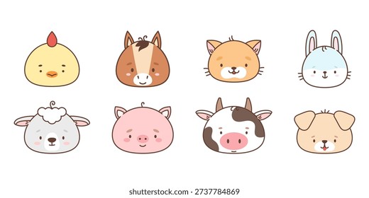 Set of cute farm animals chicken dog bunny cat sheep piggy horse cow. Animal head in kawaii style. Isolated vector illustration. Drawings for children.