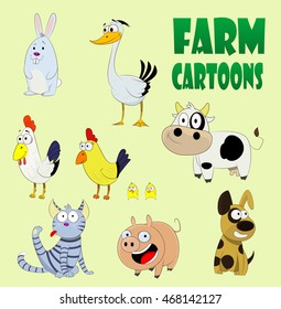 Set of cute farm animals with cow, duck, pig, chickens, cat, dog and rabbit. Vector