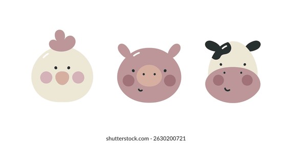 Set cute farm animals. Funny cartoon characters. Chicken, pig, cow. For fabric, wrapping, cards, textile, wallpaper, apparel. Isolated vector illustration in flat cartoon style on white background.