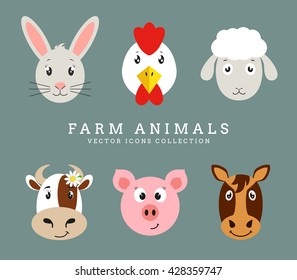 Set of cute farm animals head isolated on clean background. Vector flat icons.