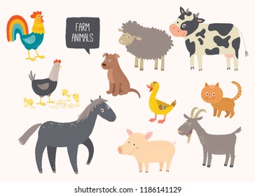 Set of cute farm animals. Horse, cow, sheep, pig, duck, hen, goat, dog, cat, cock. Cartoon vector hand drawn eps 10 childrens illustration isolated on white background.