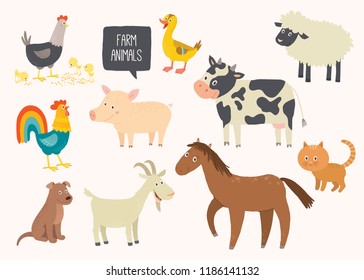 Set of cute farm animals. Horse, cow, sheep, pig, duck, hen, goat, dog, cat, cock Cartoon vector hand drawn eps 10 childrens illustration isolated on white background