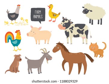 Set of cute farm animals. Horse, cow, sheep, pig, duck, hen, goat, dog, cat, cock Cartoon vector hand drawn eps 10 childrens illustration isolated on white background