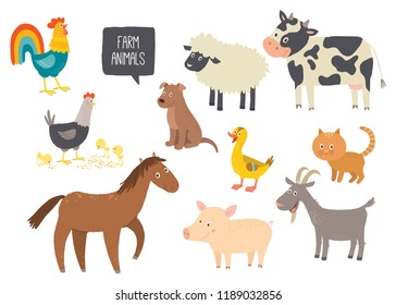 Set of cute farm animals. Horse, cow, sheep, pig, duck, hen, goat, dog, cat, cock Cartoon vector hand drawn eps 10 childrens illustration isolated on white background