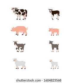 Set of of cute  farm animals isolated on white background. Goat, , cow, pig,  and sheep. Mom and cub. Vector illustration