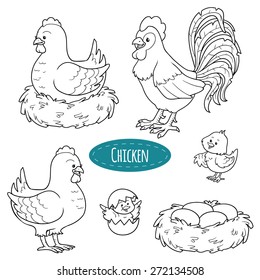 Set of cute farm animals and objects, vector family chicken