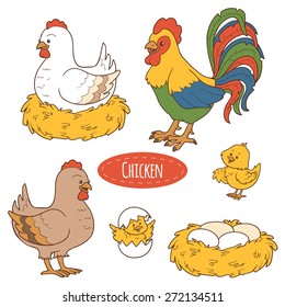 Set of cute farm animals and objects, vector family chicken