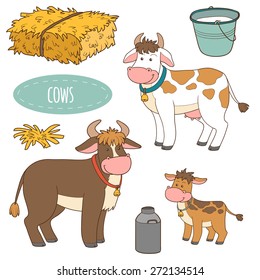 Set of cute farm animals and objects, vector family cows