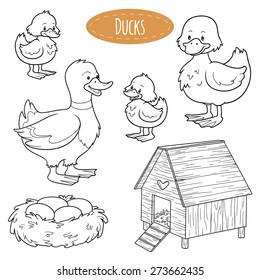 Set of cute farm animals and objects, vector family duck, coloring book