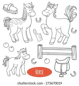 Set of cute farm animals and objects, vector family horse