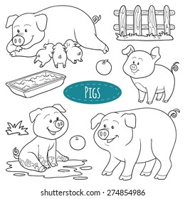 Set of cute farm animals and objects, vector family pigs