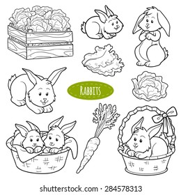 Set of cute farm animals and objects, vector family rabbits