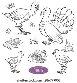 Set of cute farm animals and objects, vector family turkeys