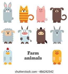 Set of cute farm animals on white background.