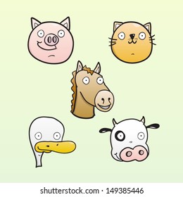 Set of cute farm animals, a pig, a cat, a horse, a duck and a cow