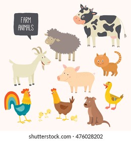 Set of cute farm animals. Vector hand drawn eps 10 clip art illustration isolated on white background.